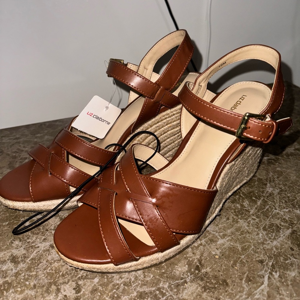 Liz Claiborne Tan/Brown Leather Espadrille Wedges